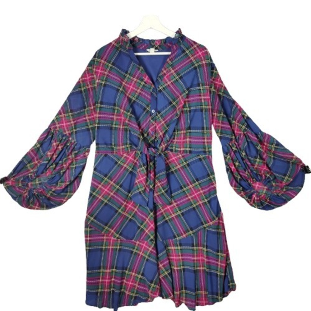 Cato Prairie Plaid Tie-Waist Dress Long Balloon Sleeve Women‎ SZ 18/20W Cottage